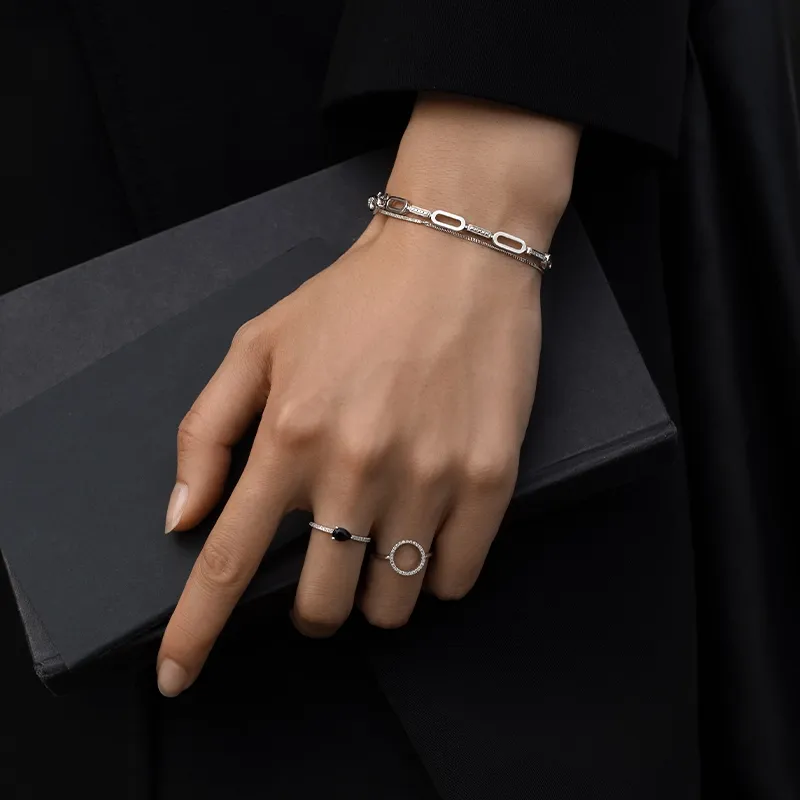 silver rings and bracelet with diamond and black onyx gemstone