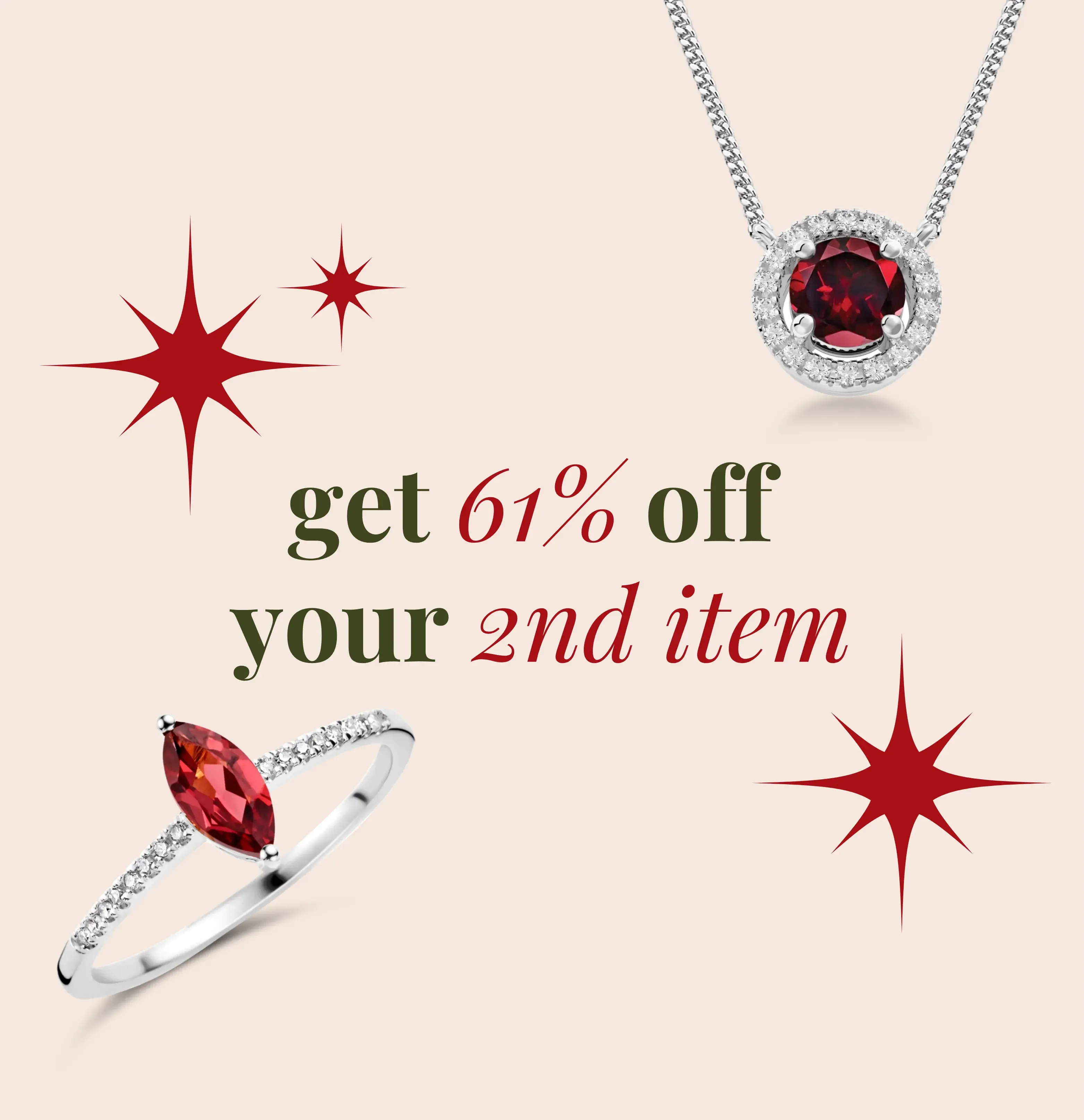 Silver necklace and ring with red gemstones, advertising 61% off second item.